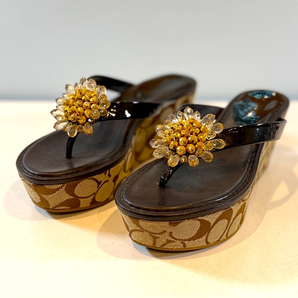 Coach Norice Brown Logo Wedge Thong Brooch Sandals
